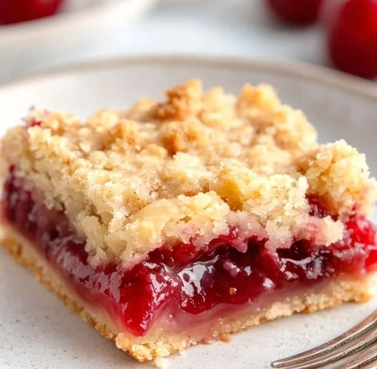 Delicious homemade cherry crumble bars on a wooden table