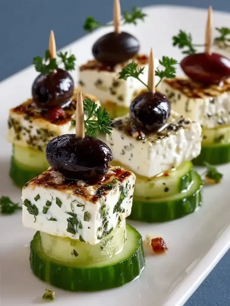 Delicious feta skewers with cucumber served on a platter