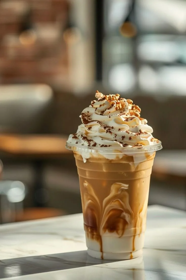 Delicious First Watch iced coffee recipe in a glass with ice and coffee beans.