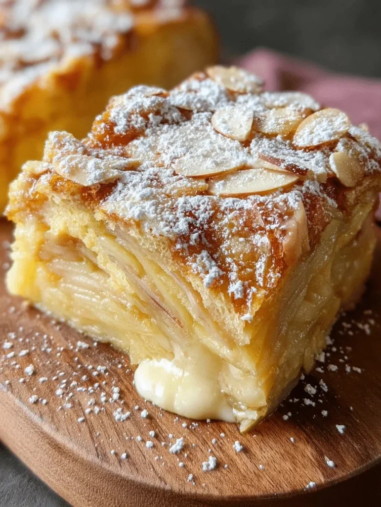 Delicious slice of French Apple Invisible Cake topped with fresh apples and a dusting of powdered sugar.