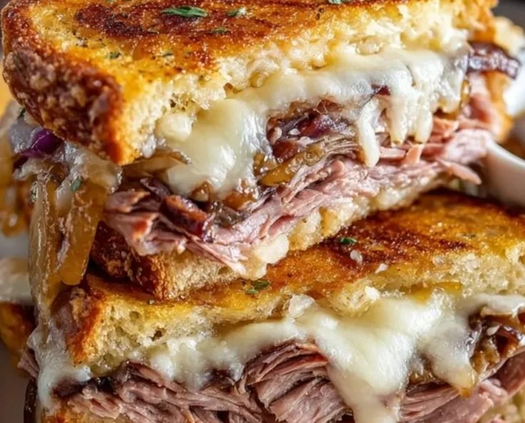 Melty French Dip Grilled Cheese sandwich served with dipping sauce