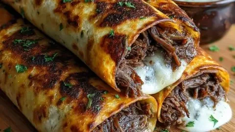 French Dip Tortilla Roll Ups served on a plate with dipping sauce