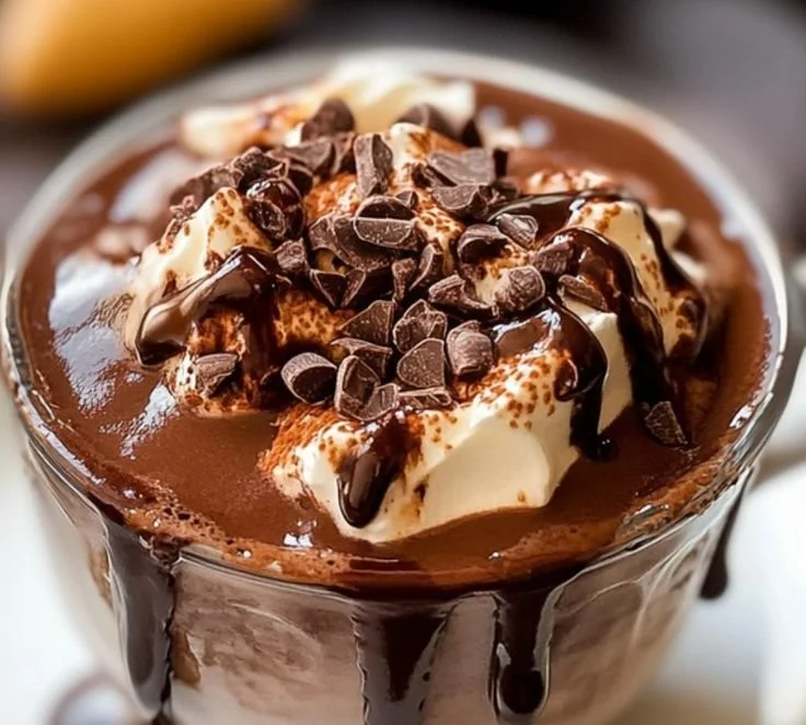 A cup of warm French hot chocolate topped with whipped cream and chocolate shavings.