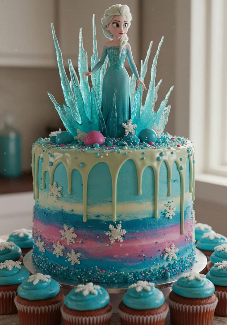 Delicious frozen birthday cake decorated with colorful frosting and candles