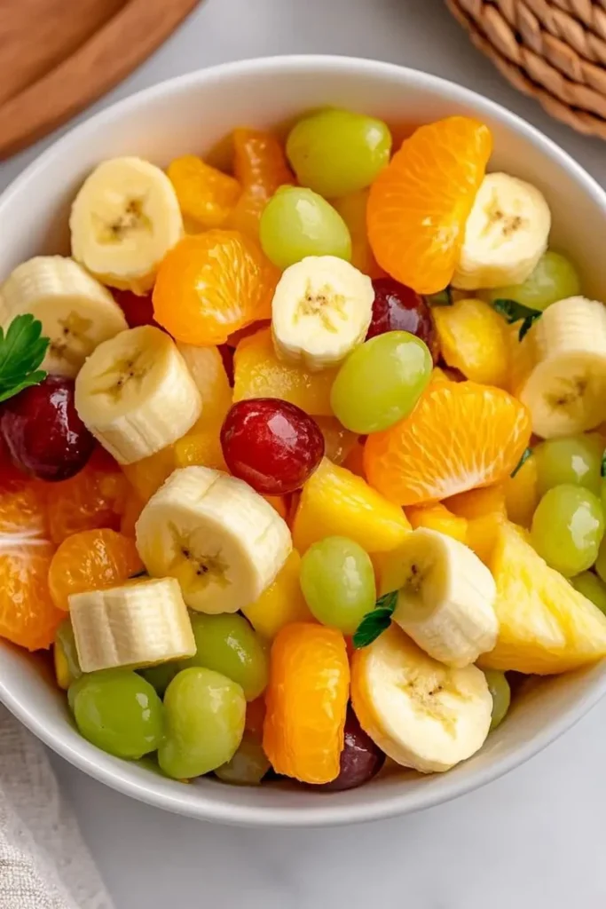 A vibrant bowl of mixed fruit salad featuring various fresh fruits.