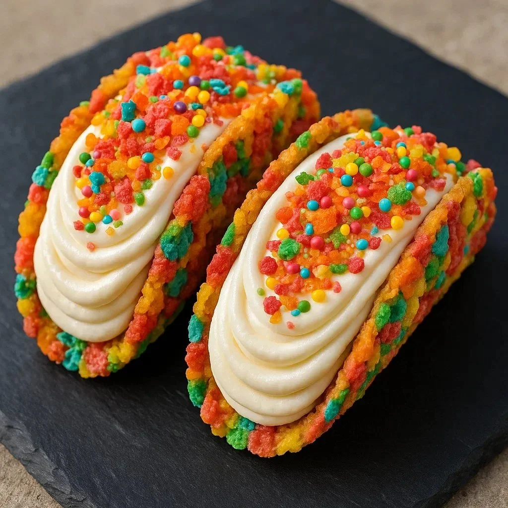 Delicious Fruity Pebbles cheesecake tacos topped with colorful cereal
