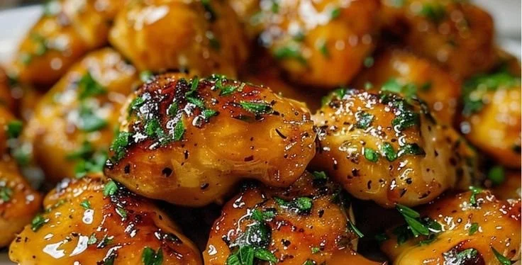 Garlic butter chicken bites served on a plate with herbs