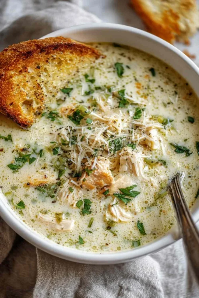 Bowl of creamy Garlic Parmesan Chicken Soup topped with herbs and croutons.