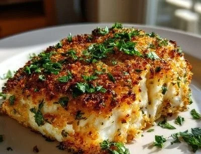 Garlic Parmesan Crusted Halibut served on a plate with lemon garnish