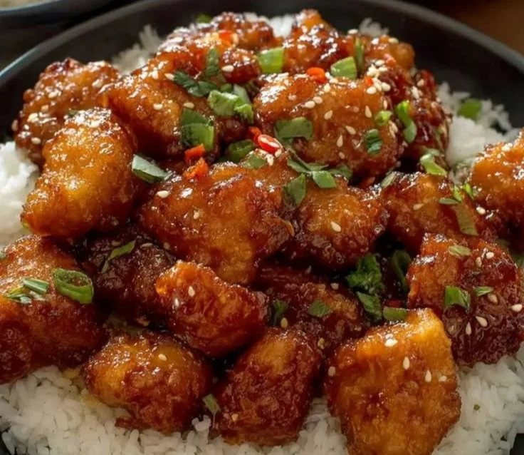 Delicious General Tso's Chicken served with rice and vegetables