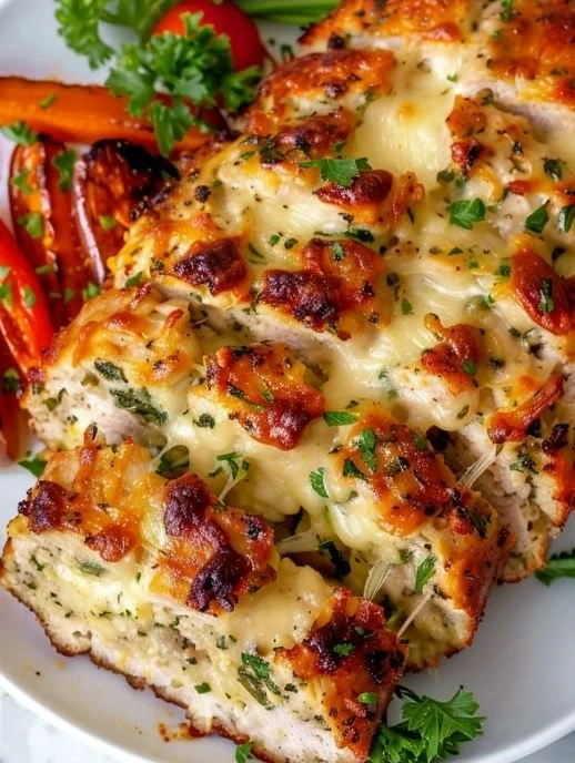 Gluten-Free Parmesan Chicken Meatloaf on a plate, garnished with herbs.