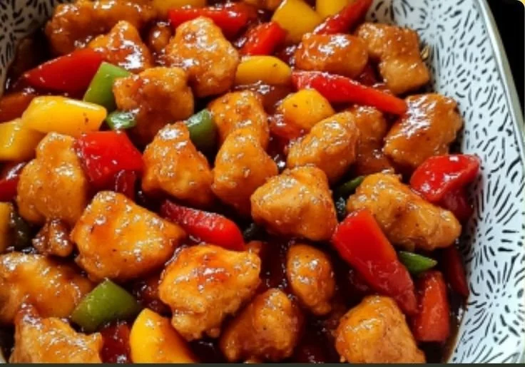 Gluten-free sweet and sour chicken served with colorful vegetables.