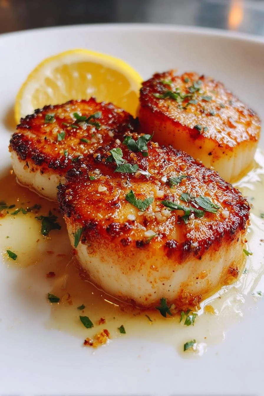 Delicious pan seared scallops plated beautifully, inspired by Gordon Ramsay.