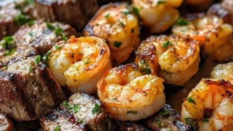 Grilled steak and shrimp skewers with garlic butter served on a platter.