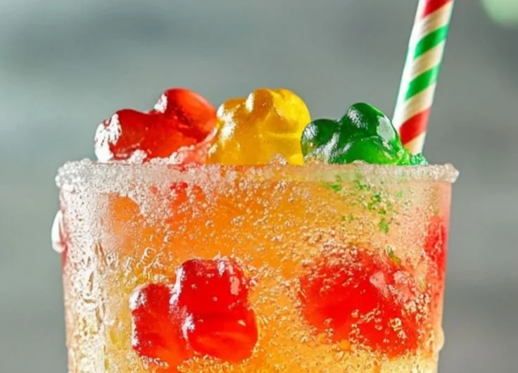 Gummy Bear Fizz mocktail served in a colorful glass with gummy bears on the rim