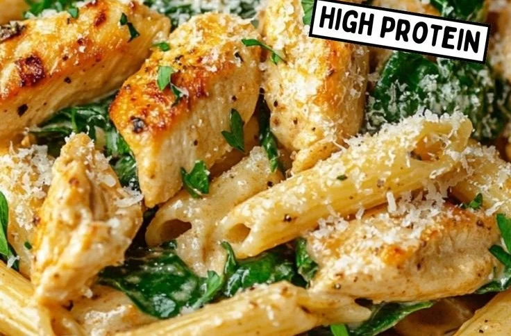 Healthy garlic parmesan chicken pasta with veggies and herbs in a bowl