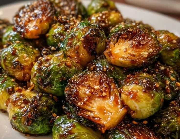 Honey Garlic Roasted Brussels Sprouts served in a bowl