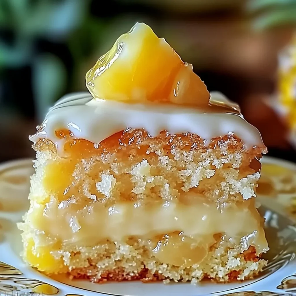 Juicy Pineapple Heaven Cake topped with fresh pineapple slices and creamy frosting