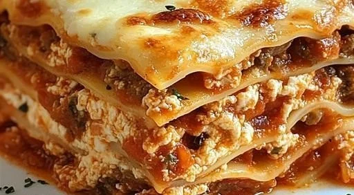 Delicious homemade lasagna with cheese and rich meat sauce