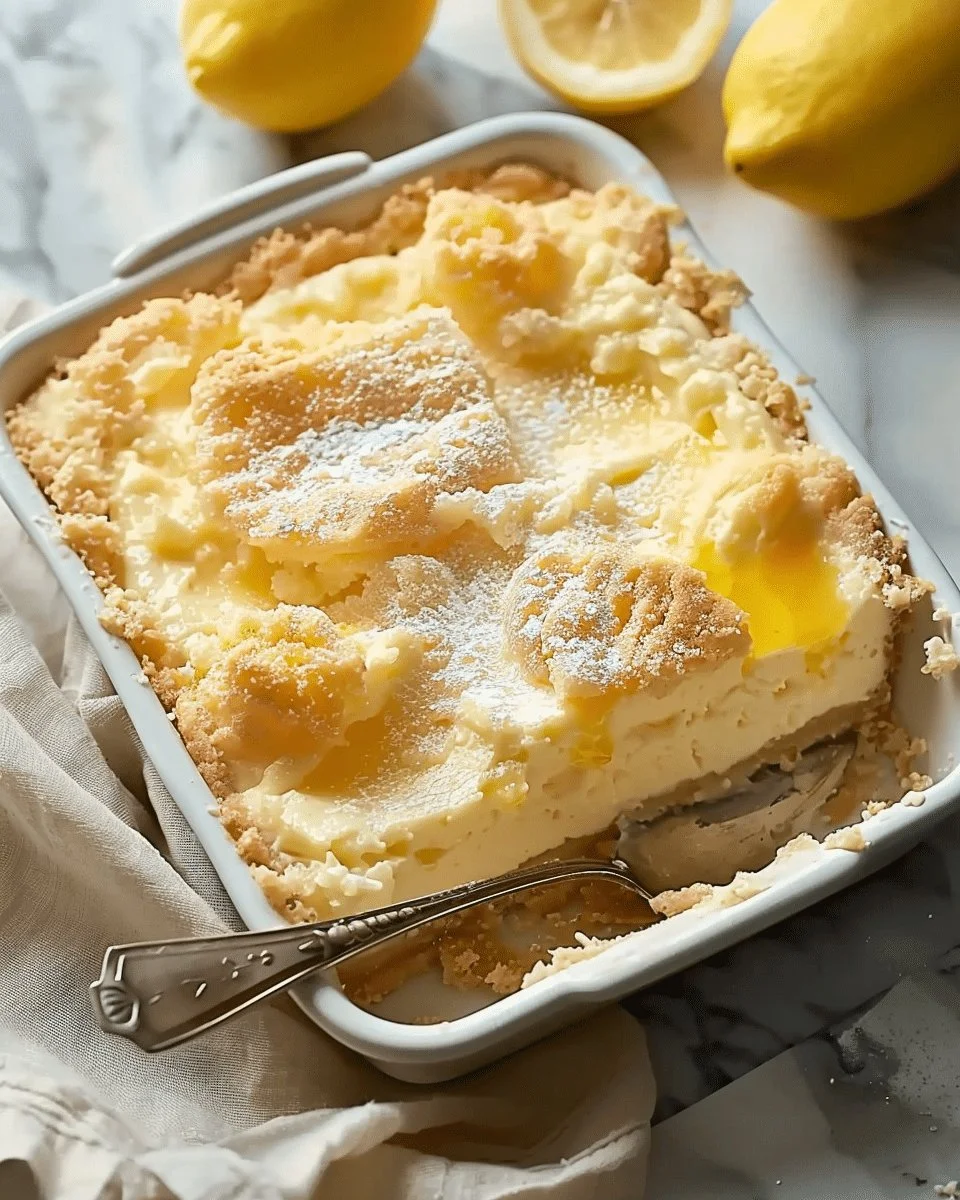 Lemon Cream Cheese Dump Cake topped with fresh lemon zest and cream cheese frosting