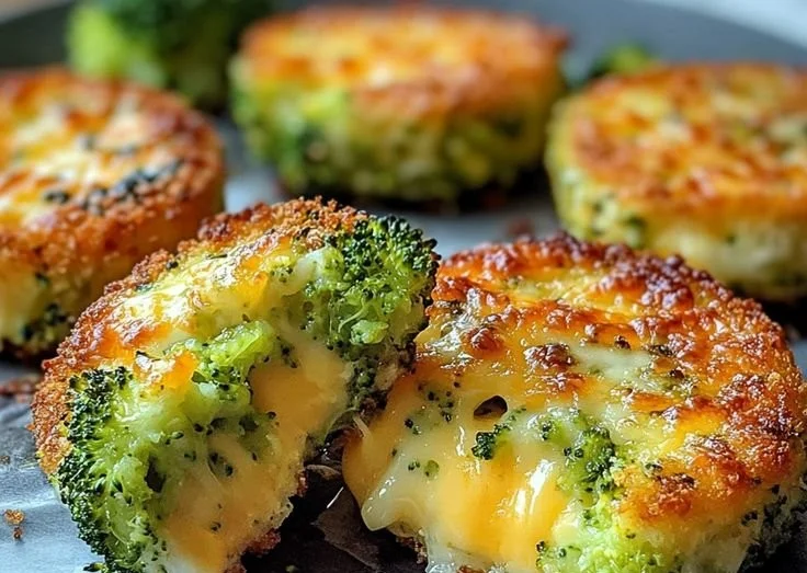 Low carb broccoli cheese rounds on a platter garnished with herbs