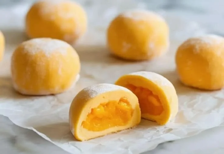 Delicious mango mochi dessert with a chewy texture and vibrant mango flavor.