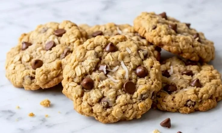 Oatmeal chocolate chip cookies with shredded coconut on a baking tray