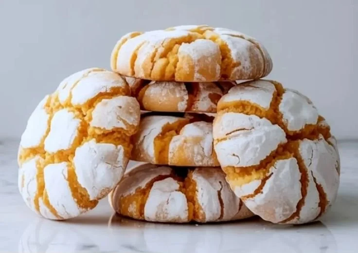 A plate of freshly baked orange crinkle cookies with powdered sugar