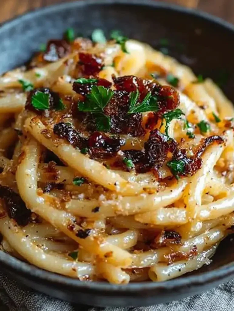Delicious plate of pasta with caramelized onions garnished with herbs