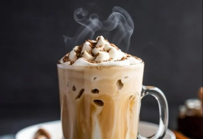Delicious peanut butter iced coffee in a glass with ice and whipped cream