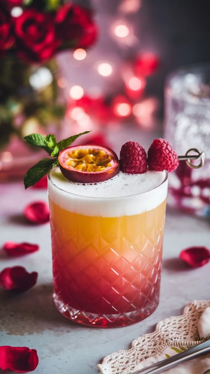 Raspberry Passionfruit Tequila Sour cocktail served in a glass with garnishes