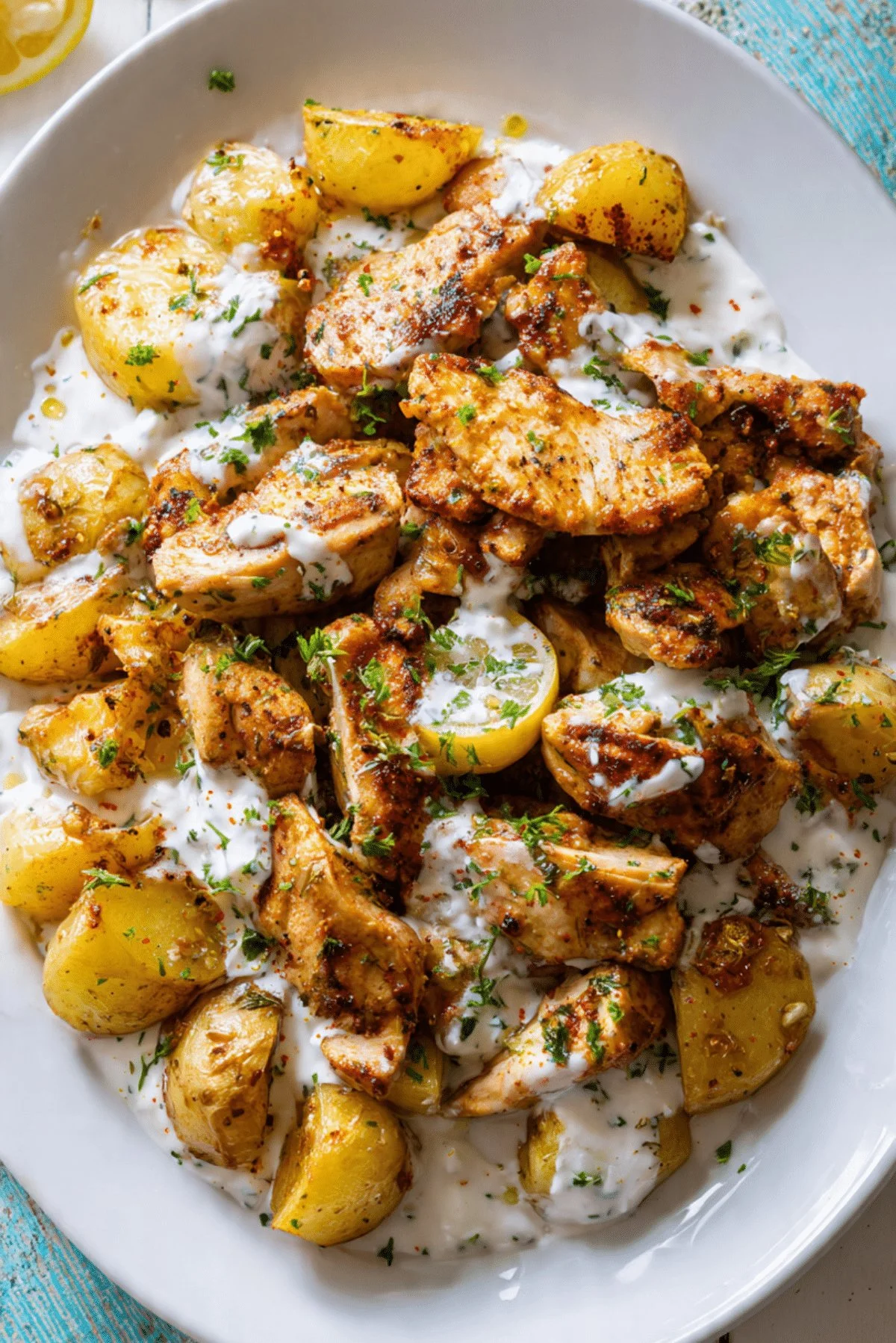 Sheesh Tawooq chicken and potatoes with lemon garlic sauce