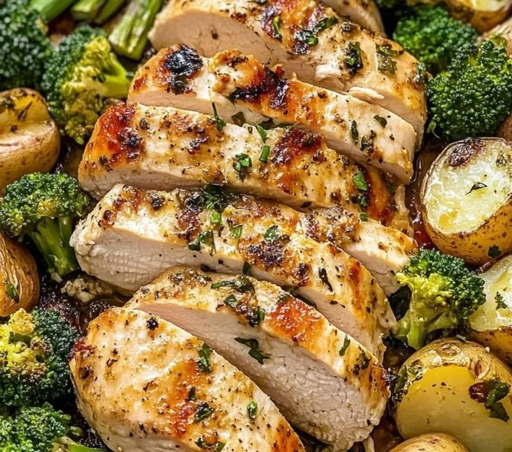 Sheet pan garlic butter chicken with assorted vegetables ready to serve