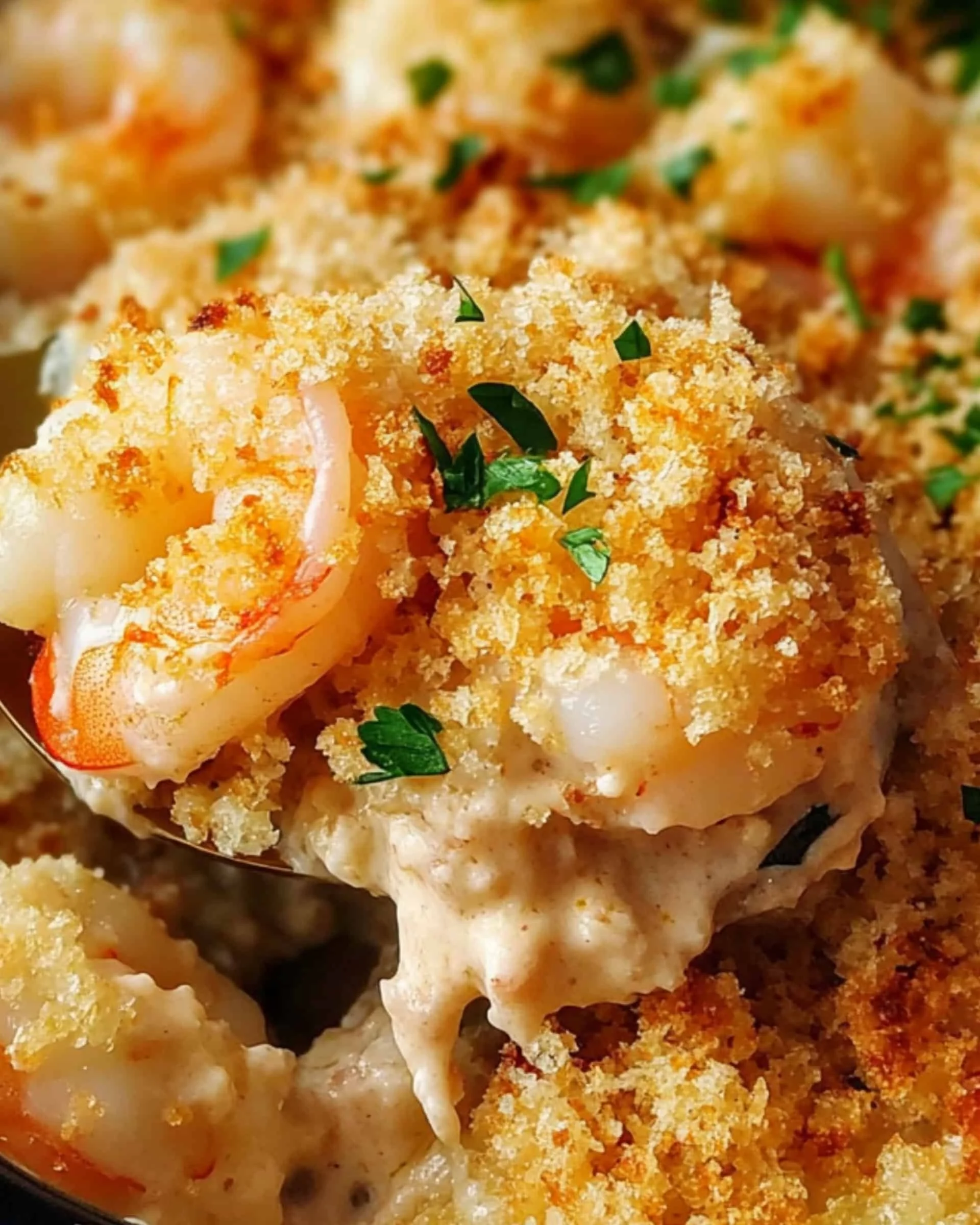 Delicious shrimp casserole baked with creamy ingredients and topped with breadcrumbs.