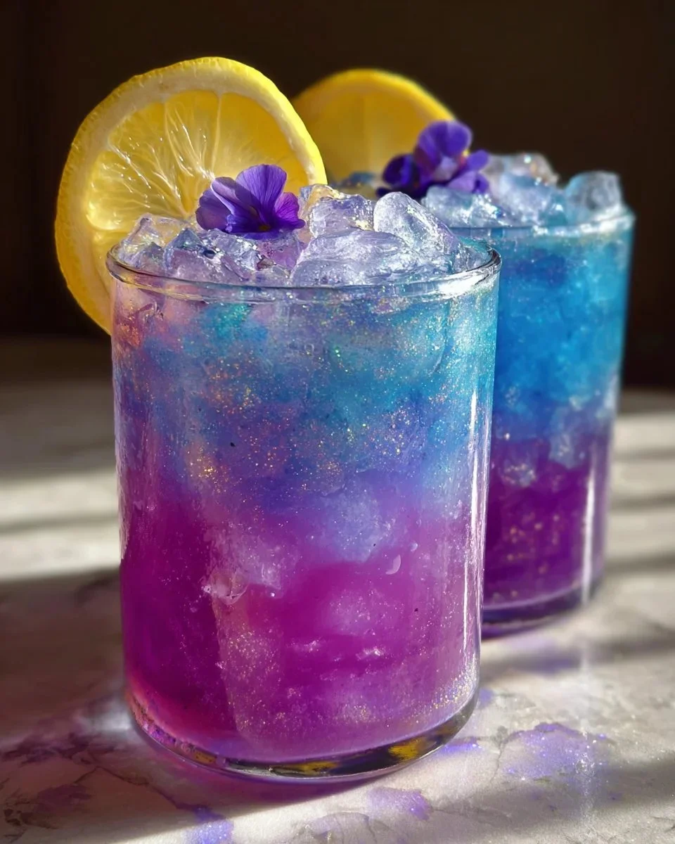 Color-changing lemonade in a glass with vibrant hues and garnished with a lemon slice.