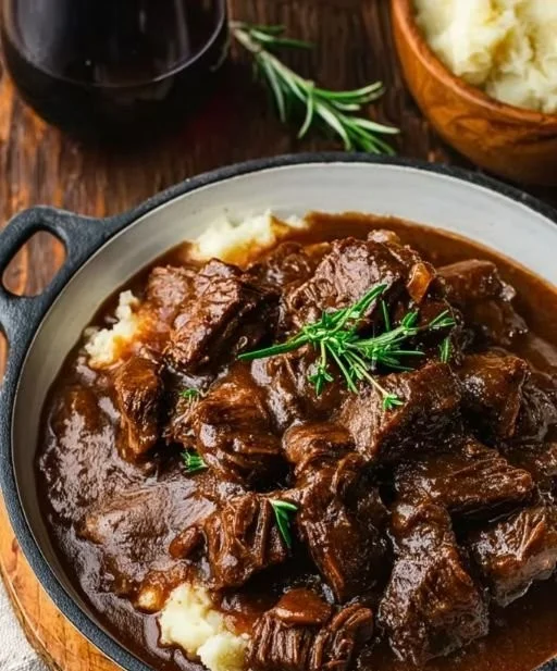 Delicious Slow Cooker Beef Manhattan served on a plate with gravy and mashed potatoes