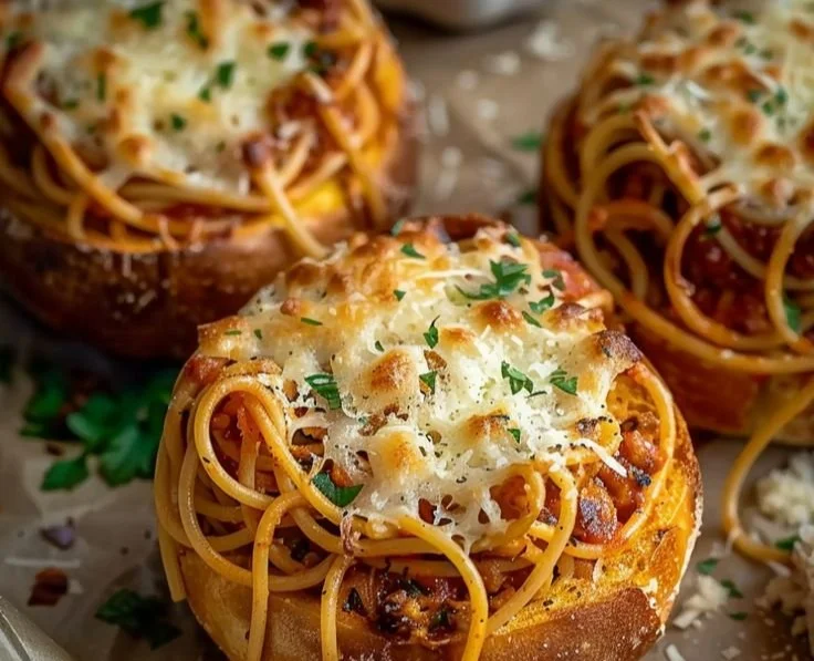 Spaghetti garlic bread bowls filled with savory spaghetti and crispy garlic bread.