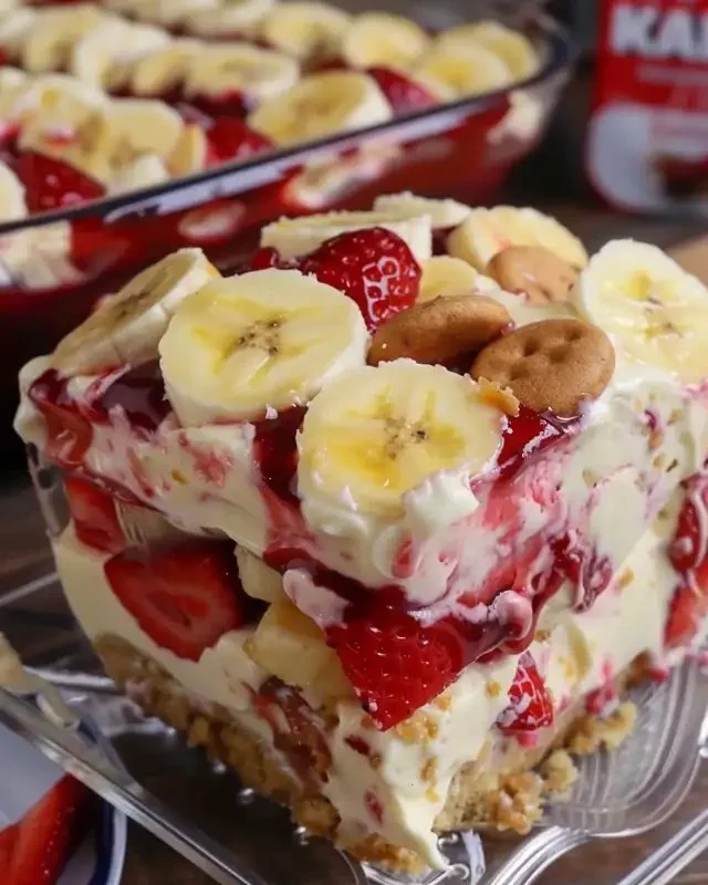 Delicious strawberry banana pudding topped with fresh strawberries and bananas