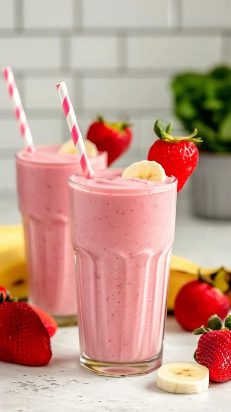 Delicious strawberry banana smoothie in a glass with fresh fruit