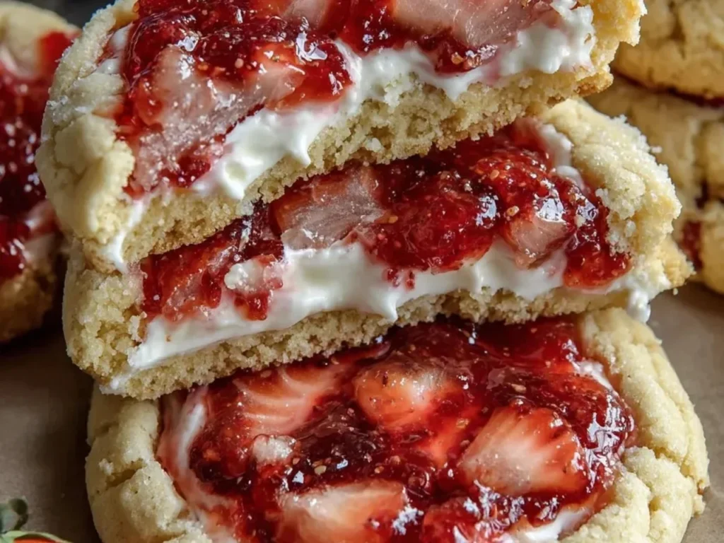 Delicious strawberry cheesecake cookies with a creamy frosting topping
