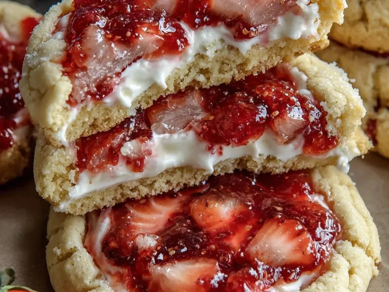 Delicious strawberry cheesecake cookies with a creamy frosting topping