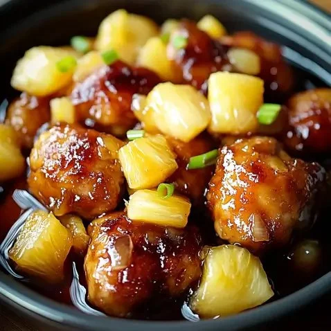 Delicious brown sugar pineapple chicken garnished with fresh pineapple slices
