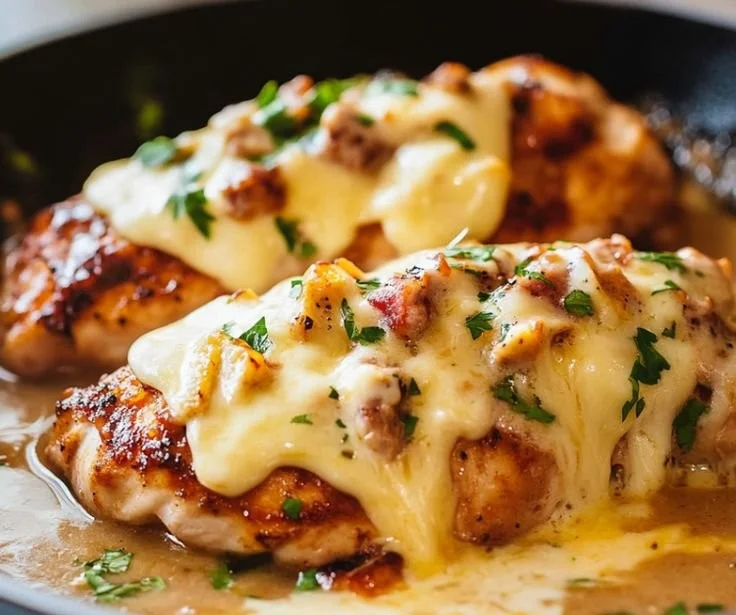 Texas Roadhouse Smothered Chicken with melted jack cheese on top