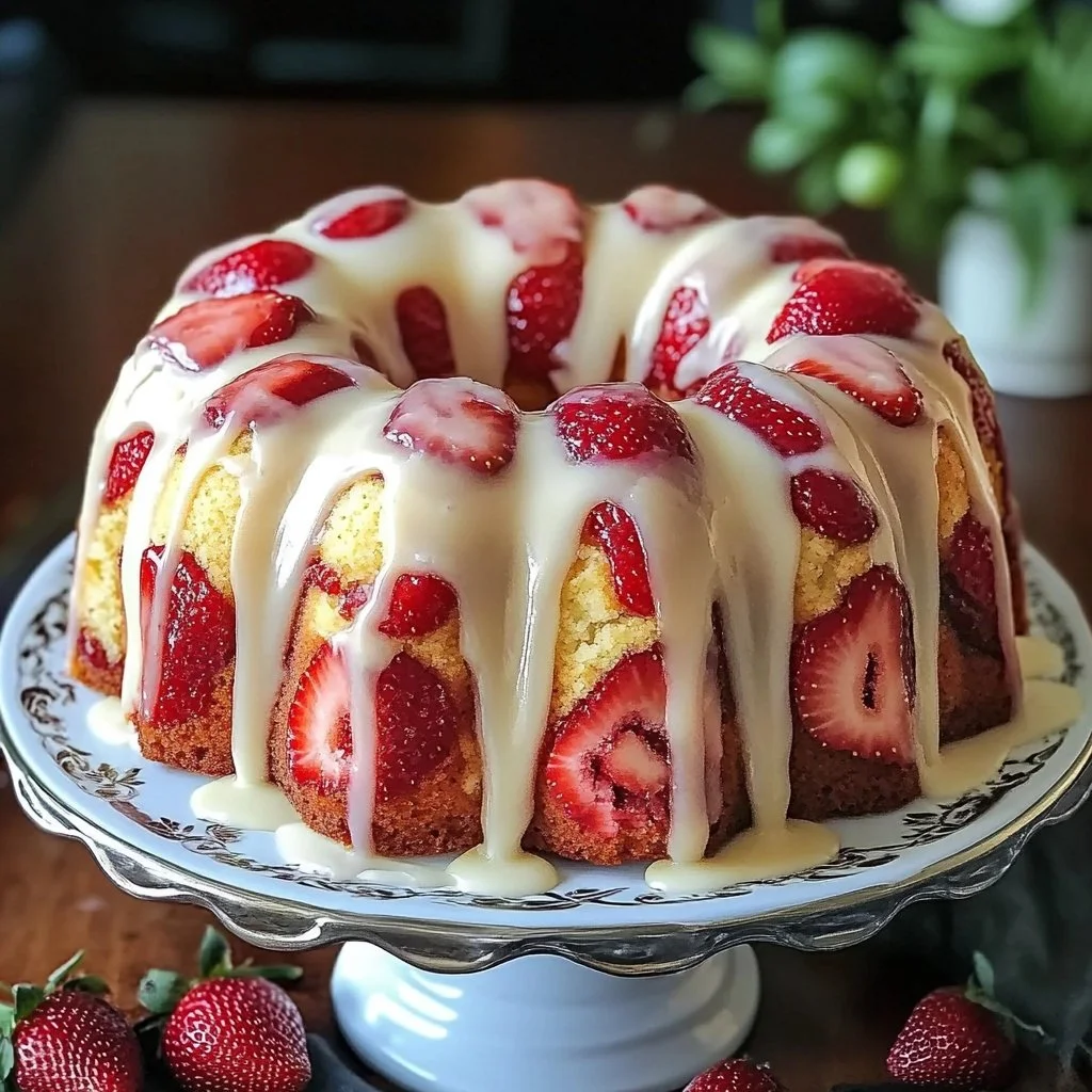 Delicious strawberry cream cheese pound cake with fresh strawberries and cream