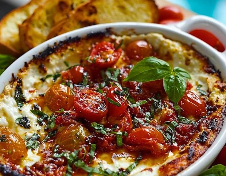 Delicious Three-Cheese Tomato Bruschetta Dip served with crispy bread