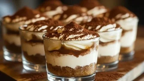 Delicious tiramisu cups with layers of mascarpone and coffee-soaked ladyfingers.