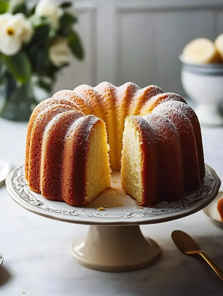 Slice of vanilla cream cheese pound cake on a plate with berries