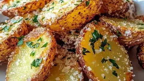 Crunchy air fryer baked garlic parmesan potatoes served in a bowl