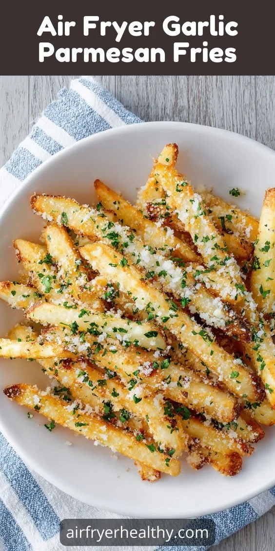 Crispy Air Fryer Garlic Parmesan Fries topped with herbs
