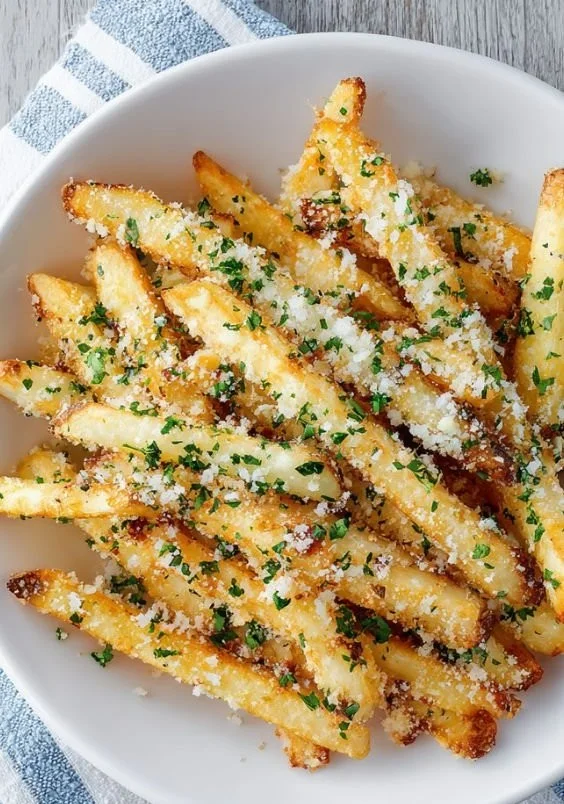 Crispy air fryer garlic parmesan fries garnished with parsley on a plate.
